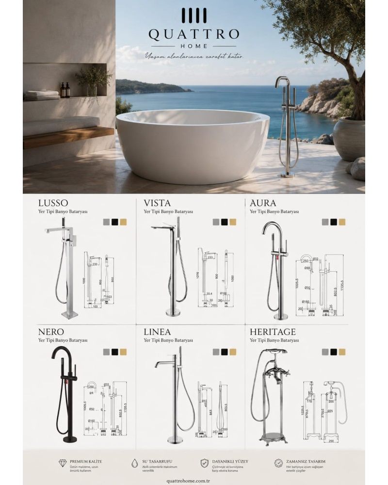 Atlas Küvet Lusso Yer Tipi Banyo Bataryası Freestanding Küvet Uyumlu Premium Batarya