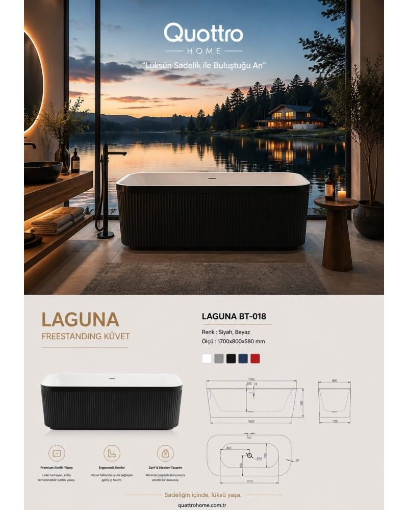 Atlas Küvet Laguna BT-018 Freestanding Küvet 170x80x58 cm Siyah Beyaz Akrilik Küvet