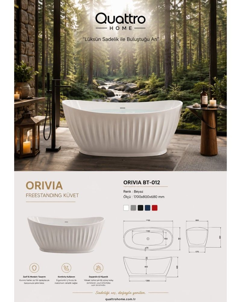 Atlas Küvet Orivia BT-012 Freestanding Küvet 170x80x68 cm Beyaz Akrilik Modern Küvet